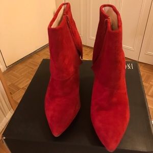 Fashionable Fire Engine Red Suede Inc. booties with flap